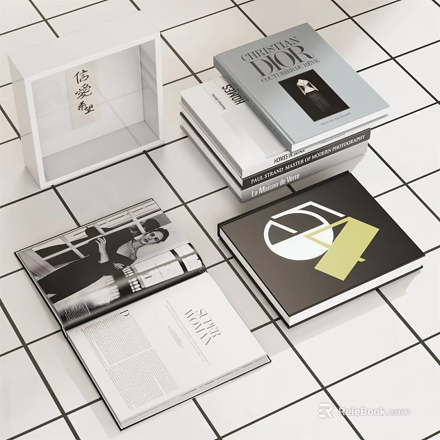 Stacked Books And Open Magazine With Black White Photos Geometric Designs On White Tiled Background 3d model 