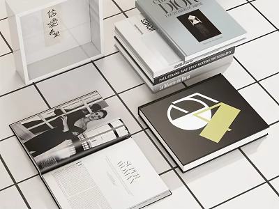 Stacked Books And Open Magazine With Black White Photos Geometric Designs On White Tiled Background 3d model