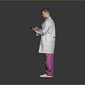 Male Doctor Wearing White Coat And Stethoscope Holding Tablet With Pink Pants And Gray Background
