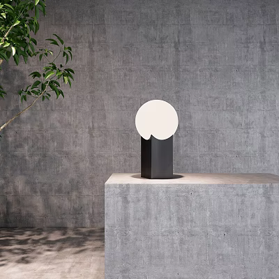Outdoor Light Featuring Black Cylindrical Base White Circular Shade On Concrete Platform With Green Plants 3d model