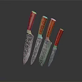 Red Handled Knives With Patterned Blades Displayed On Dark Background 3d model