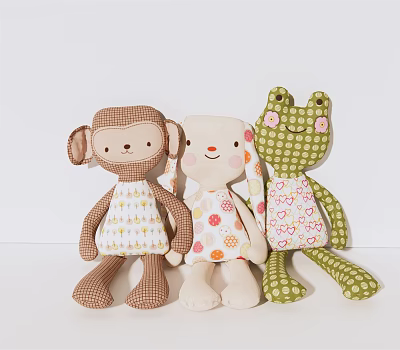 Soft Fabric Stuffed Monkey Bunny Frog Plush Toys With Floral Patterns Sitting Together 3d model