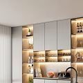 Modern Bar Counter Interior With Marble Countertop Wooden Stools And Illuminated Storage Shelves