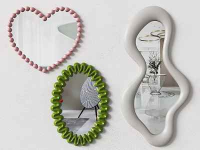Heart Shaped Green Circular Irregular Mirrors With Pink Beaded Green Coil White Frames 3d model