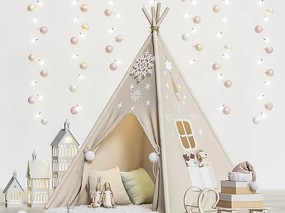 Cozy Teepee Tent With Snowflake Decorations String Lights Pillows Mini House Models And Toys 3d model