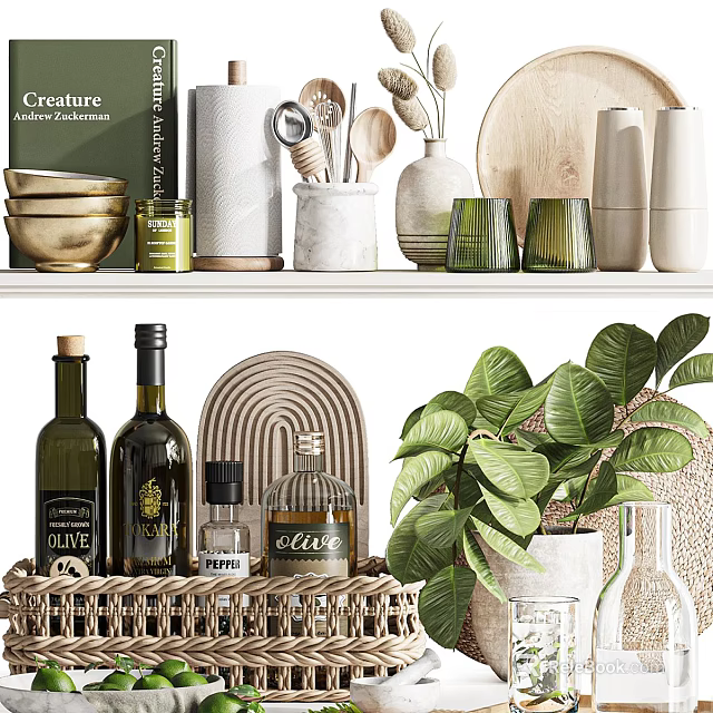Elegant Modern Kitchen Utensils With Marble Island Bowls Olive Oil Bottles And Green Plants 3d model 