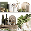 Elegant Modern Kitchen Utensils With Marble Island Bowls Olive Oil Bottles And Green Plants