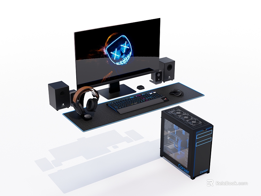Gaming Computer Setup With LED Monitor Speakers Keyboard Mouse Headphones And Transparent PC Case 3d model 