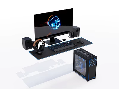 Gaming Computer Setup With LED Monitor Speakers Keyboard Mouse Headphones And Transparent PC Case 3d model