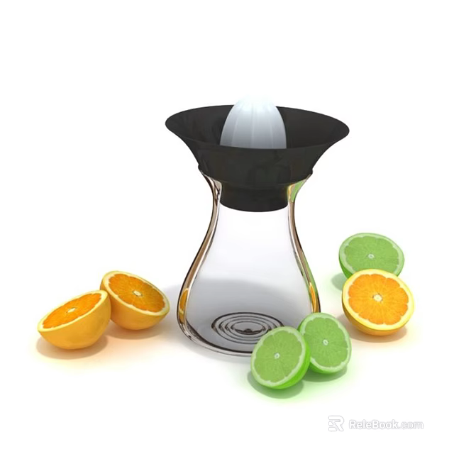 Fresh Oranges And Limes With Glass Juicer For Citrus Fruit Extraction 3d model 