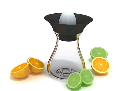 Fresh Oranges And Limes With Glass Juicer For Citrus Fruit Extraction 3d model