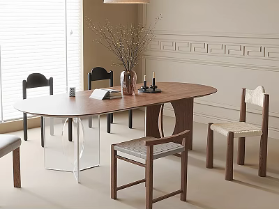 Wooden Dining Table Set With Clear Legs Upholstered Chairs Vase Candles And Window Blinds 3d model