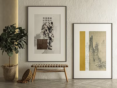 Textured Wall Interior With Framed Artworks Potted Plant And Wooden Stool 3d model