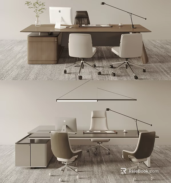 Modern Minimalist Office Desk With Comfortable Chairs Desk Lamp Computer Monitor And Carpeted Floor 3d model 