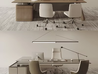 Modern Minimalist Office Desk With Comfortable Chairs Desk Lamp Computer Monitor And Carpeted Floor 3d model