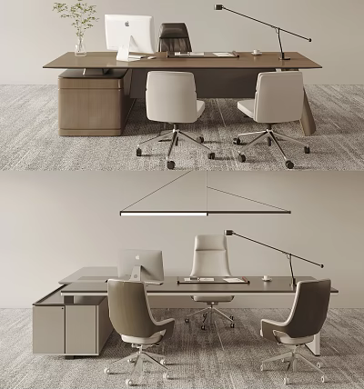 Modern Minimalist Office Desk With Comfortable Chairs Desk Lamp Computer Monitor And Carpeted Floor 3d model