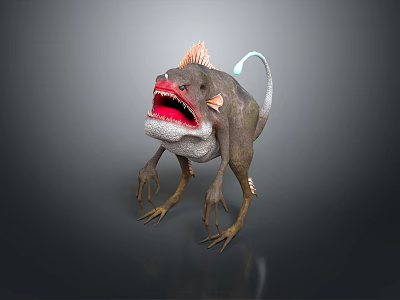 Mythical Creature With Red Open Mouth Sharp Teeth Spiked Back And Clawed Limbs 3d model