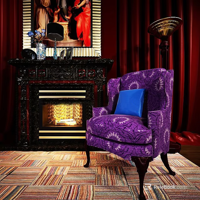 Purple Patterned Armchair With Blue Cushion Near Fireplace And Red Curtains In Room 3d model 
