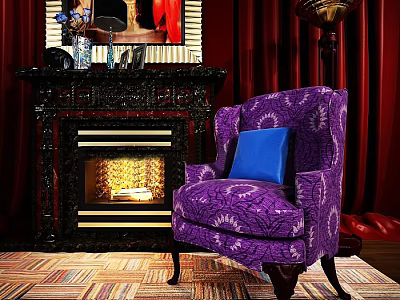 Purple Patterned Armchair With Blue Cushion Near Fireplace And Red Curtains In Room 3d model