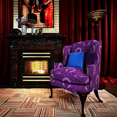 Purple Patterned Armchair With Blue Cushion Near Fireplace And Red Curtains In Room 3d model