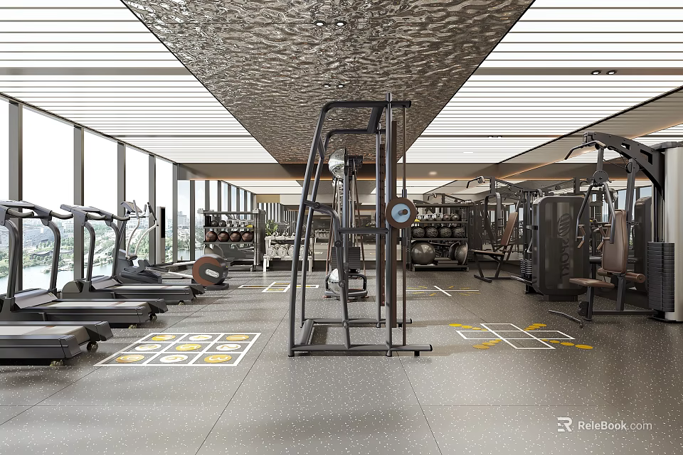 Modern Gym Fitness Space With Treadmills Strength Machines And Large Windows 3d model 