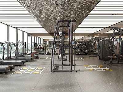 Modern Gym Fitness Space With Treadmills Strength Machines And Large Windows 3d model
