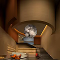 Modern Elegant Restaurant Interior With Golden Fish Pendant Lights Curved Walls And Night City View