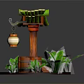 Lush Green Plants Surrounding Bamboo Structure With Hanging Lantern And Wooden Barrels