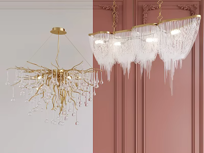 Elegant Brass Framed Chandelier With Crystal Fringe And Decorative Accents On Pink Paneled Wall 3d model