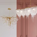 Elegant Brass Framed Chandelier With Crystal Fringe And Decorative Accents On Pink Paneled Wall