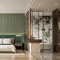 Modern Hotel Room Interior With Green Textured Wall Bed Wooden Screen And Marble Bathtub