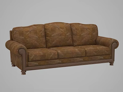 Brown Leather Three Seater Sofa with Tufted Details and Classic Wooden Frame 3d model