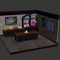 Cafe Display Model Interior With Counter Shelves Menu Board Coffee Cups And Brick Wall