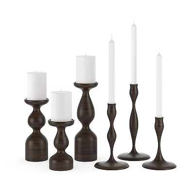Elegant Wooden Candle Holders With Various Shapes And White Candles 3d model