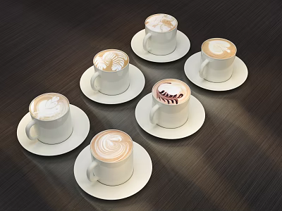 Six Cups of Latte Coffee with Different Latte Art on Dark Wooden Table 3d model