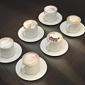 Six Cups of Latte Coffee with Different Latte Art on Dark Wooden Table