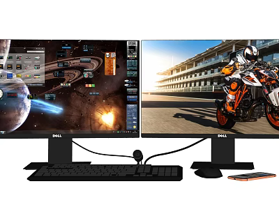 DELL Dual Monitors Setup With Gaming Screen Motorcycle Display Keyboard Mouse And Smartphone 3d model