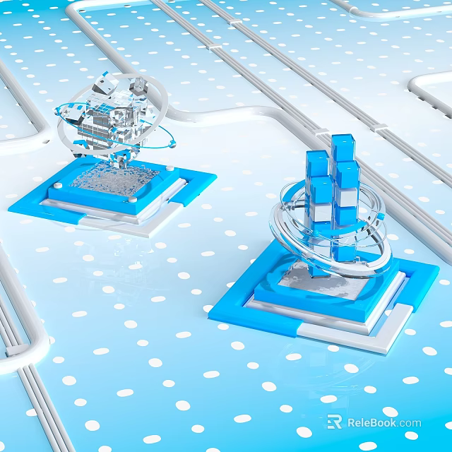 Futuristic Mechanical Structures On Blue Platforms With Tracks And White Dots 3d model