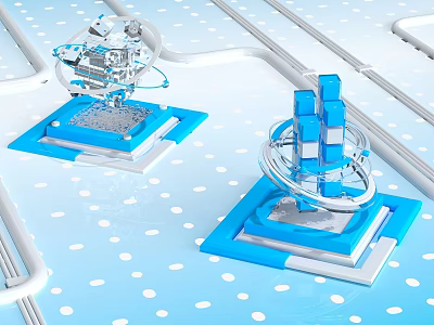 Futuristic Mechanical Structures On Blue Platforms With Tracks And White Dots 3d model