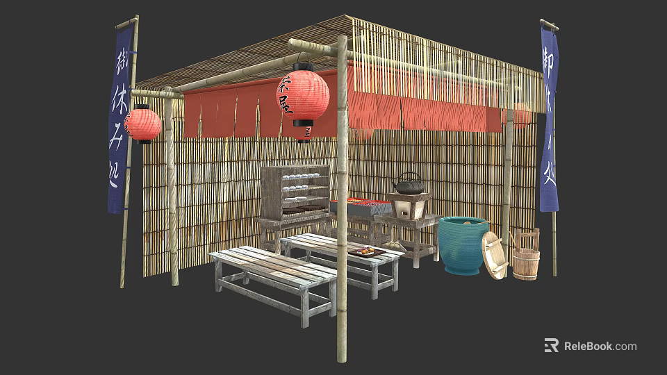 Traditional Japanese Bamboo Pavilion With Red Lanterns Blue Banners Bamboo Walls And Benches 3d model 