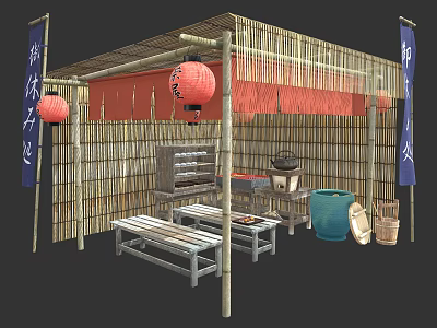Traditional Japanese Bamboo Pavilion With Red Lanterns Blue Banners Bamboo Walls And Benches 3d model