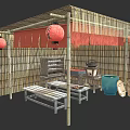 Traditional Japanese Bamboo Pavilion With Red Lanterns Blue Banners Bamboo Walls And Benches