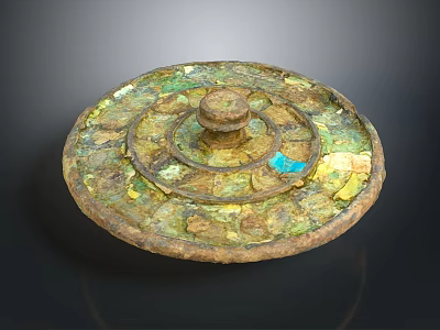 Ancient Rusted Bronze Mirror With Circular Patterns Central Knob And Decorative Rim 3d model