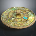 Ancient Rusted Bronze Mirror With Circular Patterns Central Knob And Decorative Rim