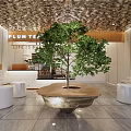 Modern Cafe Interior With Open Space Large Green Tree Counter And Seating Area