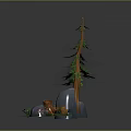 Cartoon Scene Featuring Tall Pine Tree Gray Rocks Tree Stump And Green Grass