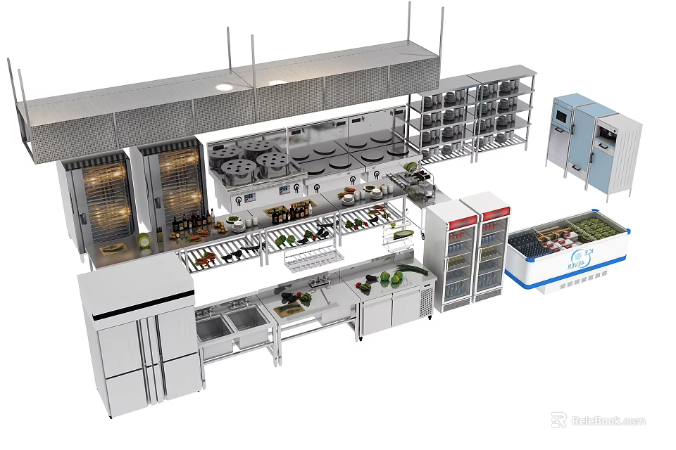 Professional Commercial Kitchen Appliances With Stainless Steel Refrigerators Ovens Workbenches And Storage Shelves 3d model 