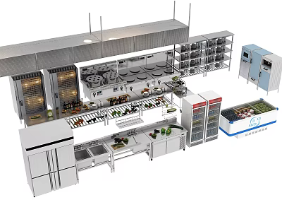 Professional Commercial Kitchen Appliances With Stainless Steel Refrigerators Ovens Workbenches And Storage Shelves 3d model