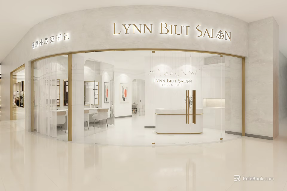 Modern Beauty Salon Interior Design With Glass Doors White Gold Decor And Mirrors 3d model 