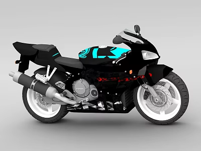 Black Sport Motorcycle With Blue Accents Red Lights And White Rims 3d model